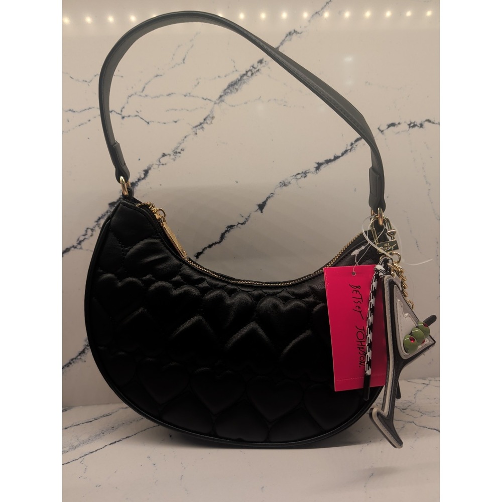 Betsey Johnson Black Shoulder Handbag Puffy Hearts Martini Charm XONORTHY NWT